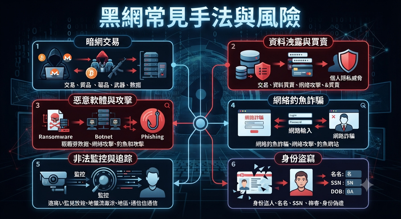 這張圖表概括了黑網常見的犯罪手法,包括非法交易、資料外洩、網路釣魚、惡意軟體攻擊以及身分盜竊。 透過清晰的分類與視覺化呈現,該圖旨在提醒大眾了解這些潛在的網路風險並加強安全防護。