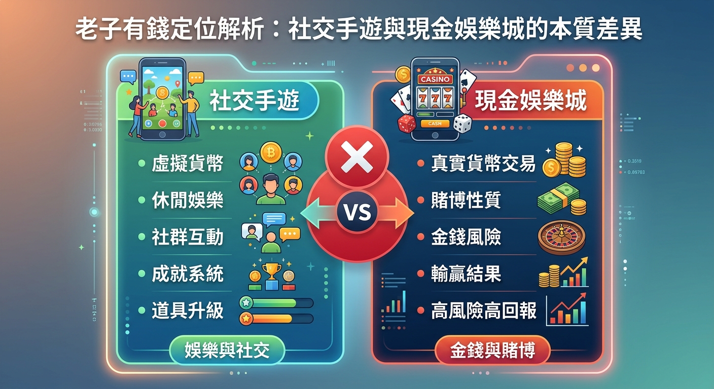 這張圖片展示了「社交手遊」與「現金娛樂城」的對比分析圖表。 頂部標題為「老子有錢定位解析：社交手遊與現金娛樂城的本質差異」，兩側分別列出娛樂社交與賭博風險的特性比較。