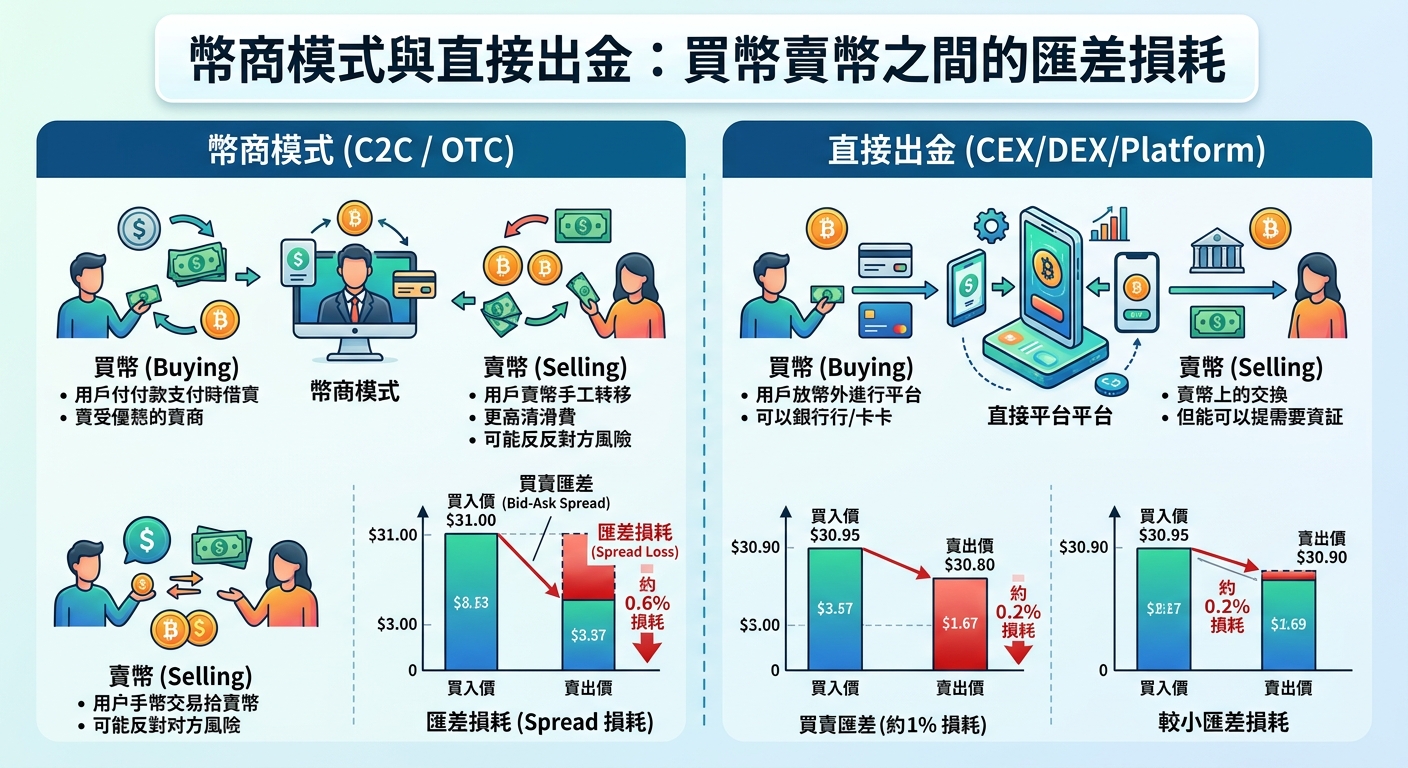 這張圖表比較了「幣商模式（C2C/OTC）」與「直接出金」在買幣與賣幣過程中的操作流程與匯差損耗。 透過對比兩者的買賣價差與損耗比例，清晰呈現出不同出金管道在交易成本與效率上的主要差異。